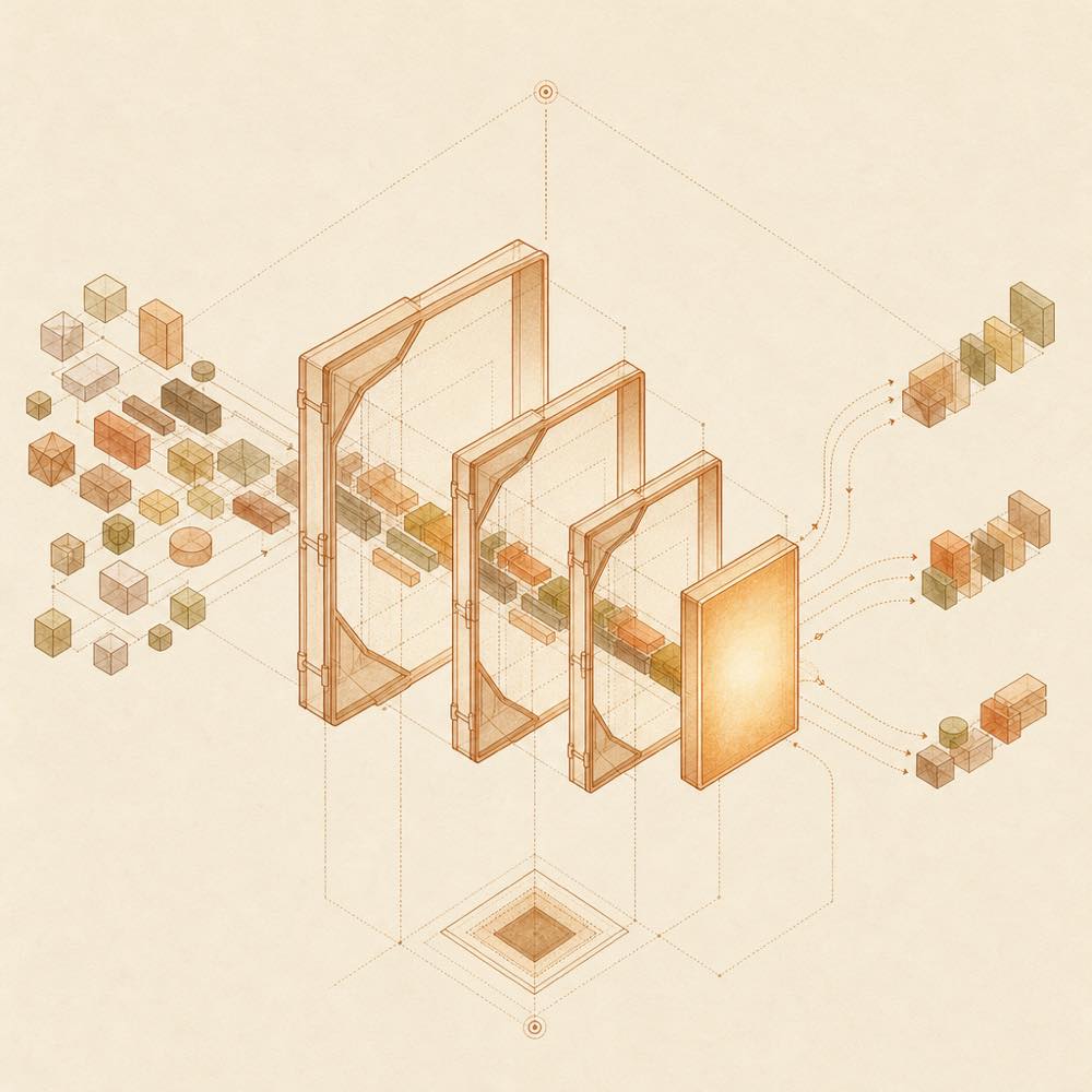 Nested workflow blocks compress into one slab while expandable paths remain visible.