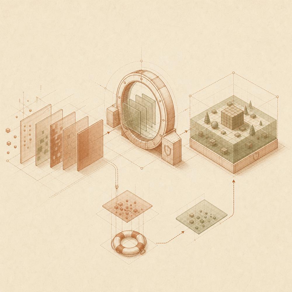 Layered file states pass through checkpoints into a verified restored workspace, with a rescue copy branching aside.