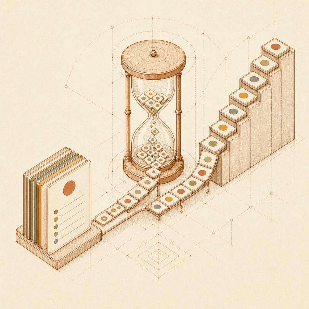 Repository tiles pass through a cache and ranking staircase, with curated descriptions joining the result flow.