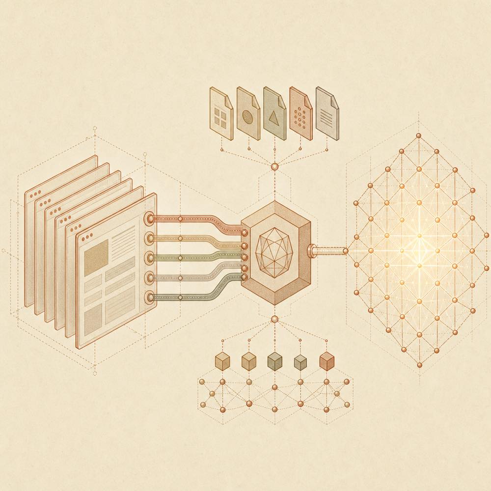 Abstract diagram of browser, Node, filesystem and market-data flows converging into a chart lattice.