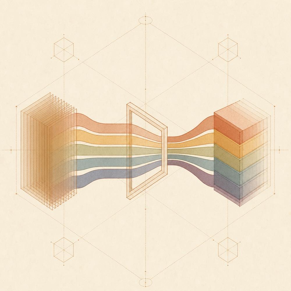 Layered context fragments split into six channels and recombine into changing stacked blocks.