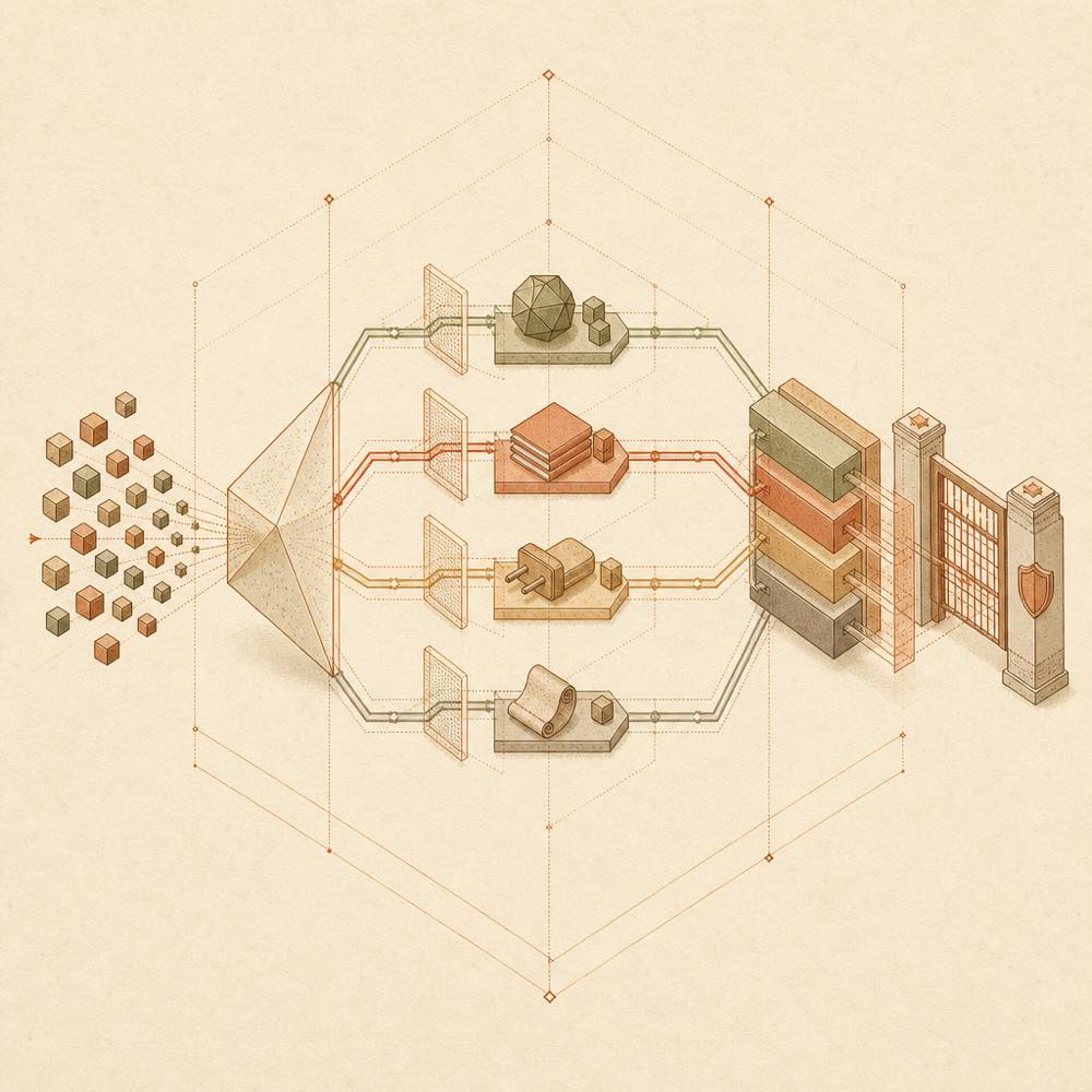 Abstract repository streams pass through detection and safety gates into local installation blocks.