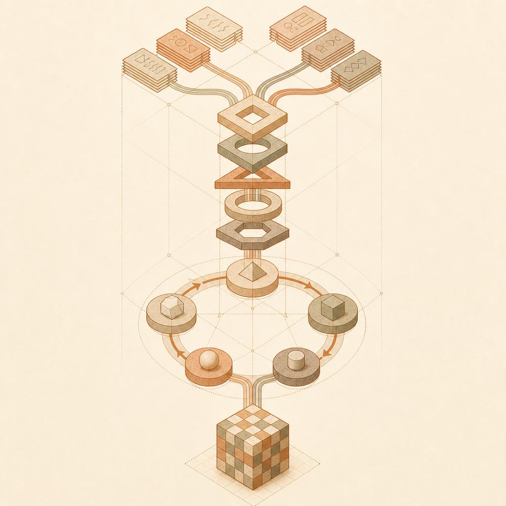 Abstract diagram of plans passing through deterministic gates into a checked workflow.