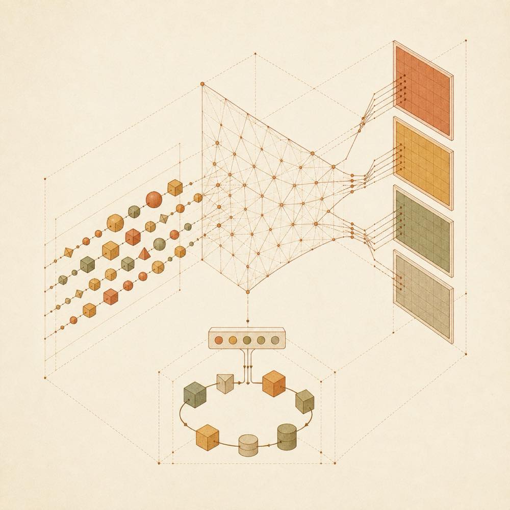 Event streams pass through a projection lattice and converge on a bounded terminal surface.