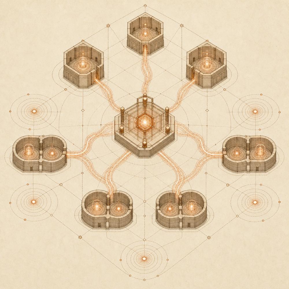 Abstract relay connecting paired chambers with message threads and branching event streams.