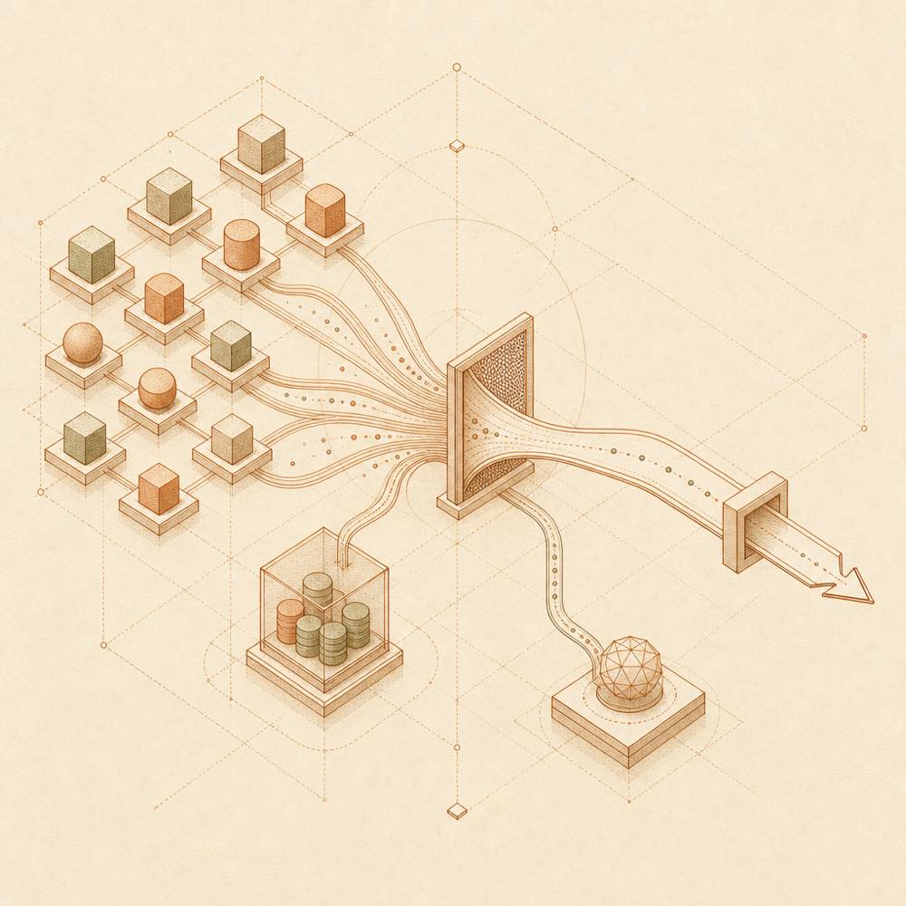 Branching search paths converge through fallback filtering into one output channel.