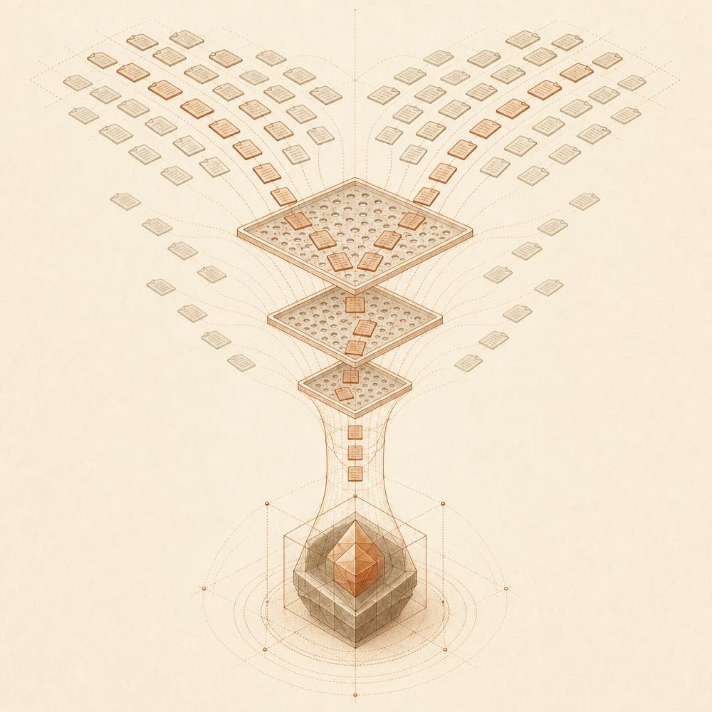 Document tiles flow through a recursive sieve and converge into one layered core.
