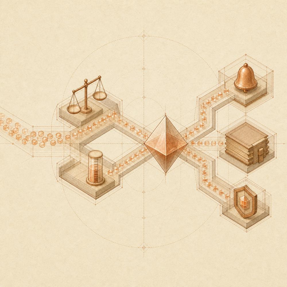 Abstract data streams converge through a prism into ledger, alert, and credential nodes.