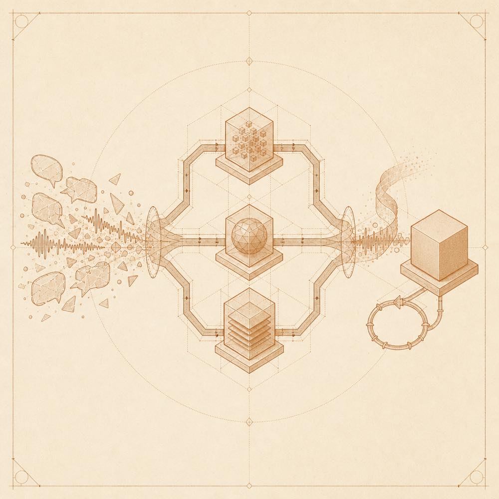 Abstract streams of text and waveforms pass through processors into a clean block and restart loop.