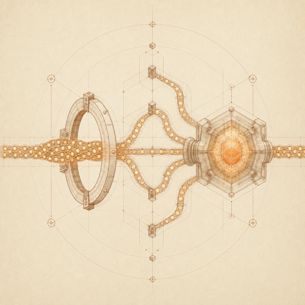 Abstract streams converge through an orbital ring into a translucent processing core.