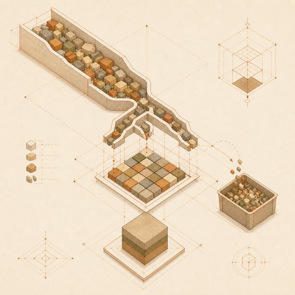 Layered blocks flow through checks into a verified form, with discarded fragments separated.