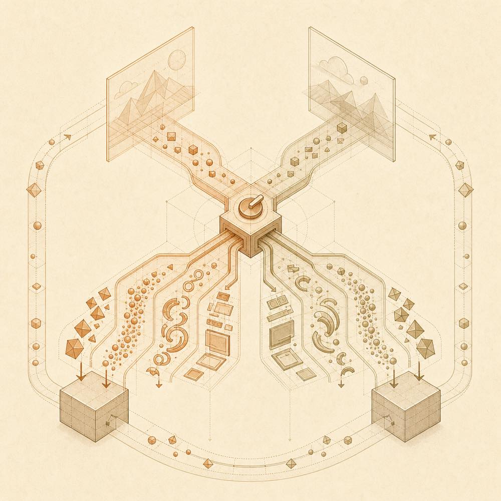 Two scene panels pass through a theme switch into ornament and particle layers, with a loop for cleanup.
