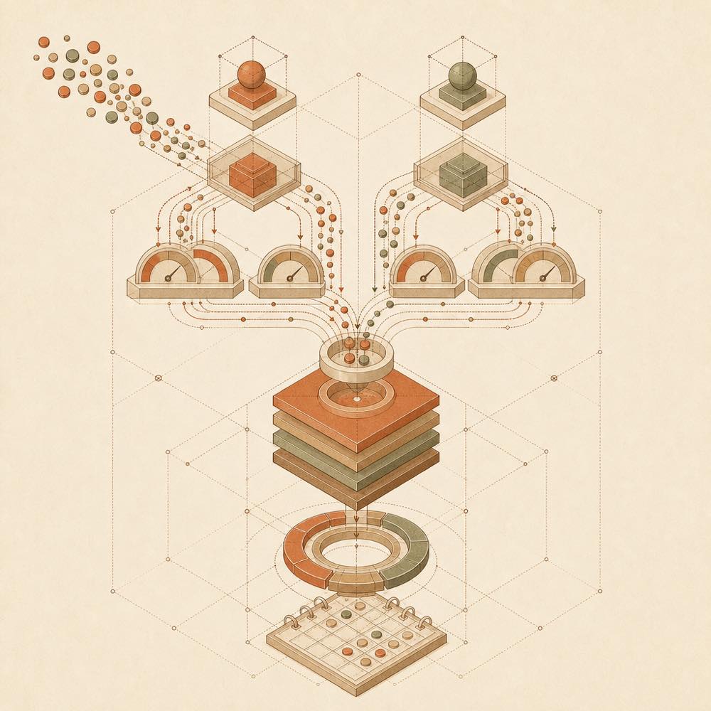 Token streams pass through pricing channels into layered cost ledgers, balance rings and a calendar grid.