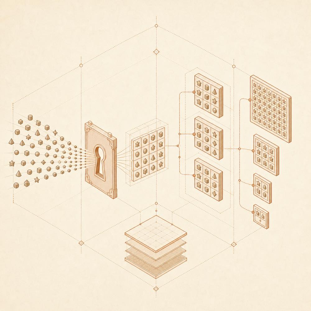 Character glyphs pass through a transformation gate into selectable inline image tiles.