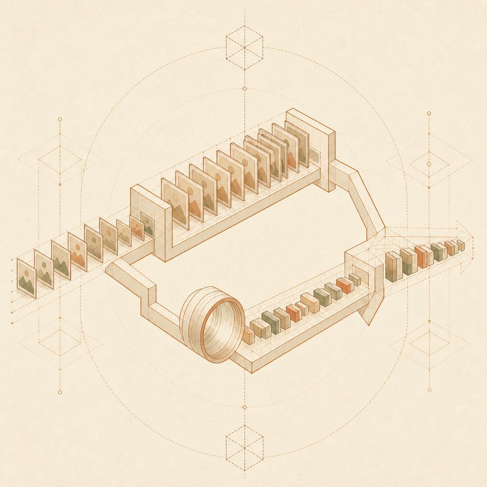 Image tiles split between preserved records and a description path before converging in a model chamber.