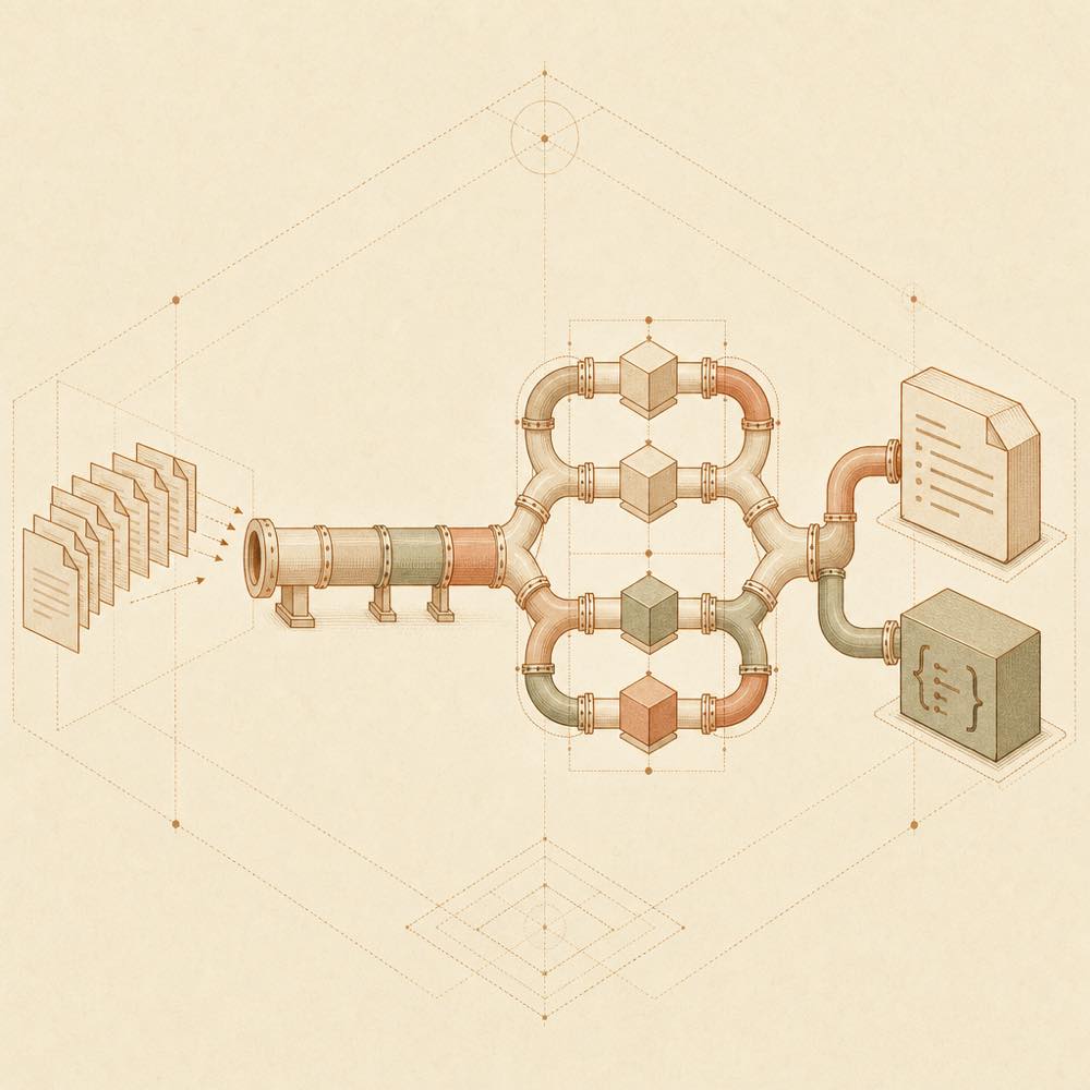 Document sheets flow through an HTTP parsing pipeline into Markdown and JSON outputs.