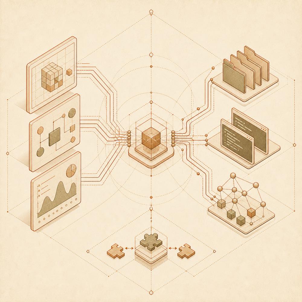 Three interface layers converge through a shared runtime into workspace tools and reversible plugin nodes.