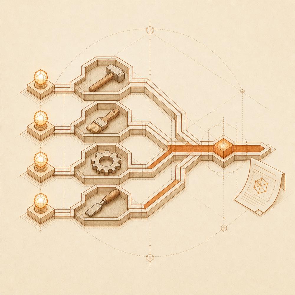 Parallel task paths are compared and converge into one selected result with a local report.