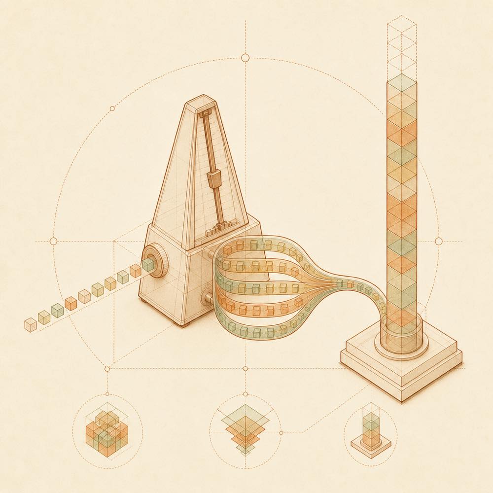 Abstract blocks pass through an adaptive flow and merge into a smoothly growing column.