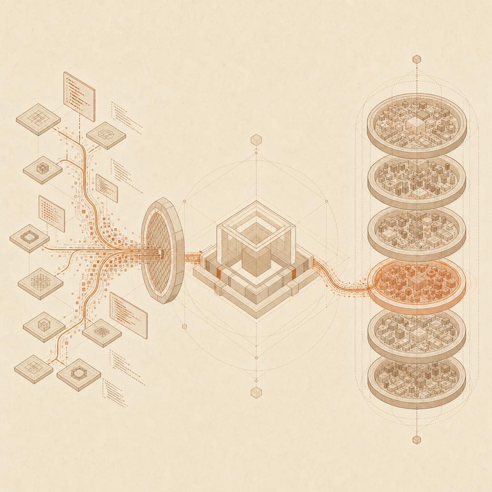 Configuration tiles and code fragments flow into layered archives, with one version restored through a protective gate.