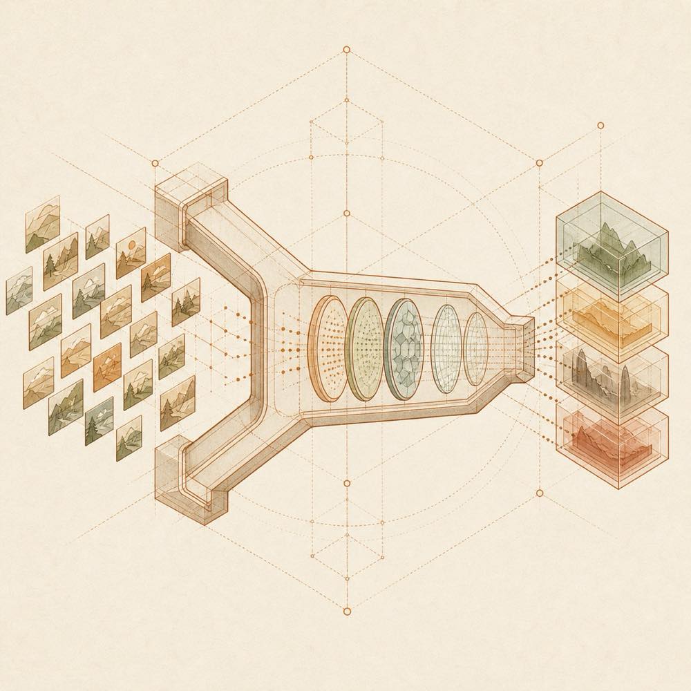Image tiles pass through a lens and provider channels, converging into structured data blocks.