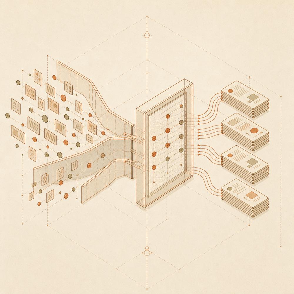 Abstract diagram of scattered web signals converging into structured evidence cards.
