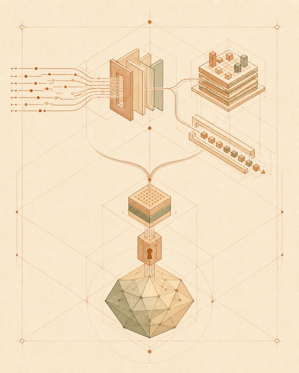 Geometric data, credentials and image fragments converge through a conduit into one output beam.