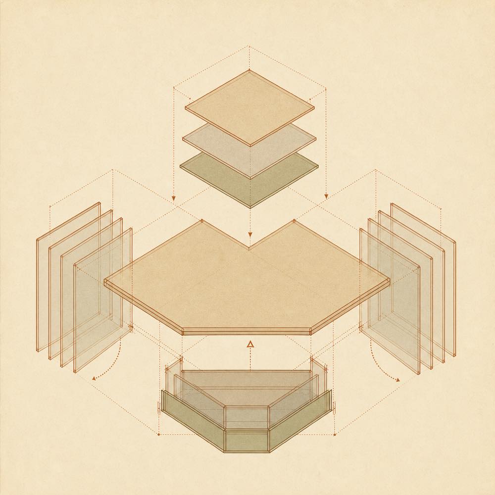 Abstract panels fold into a drawer as a central plane expands and sheets descend.