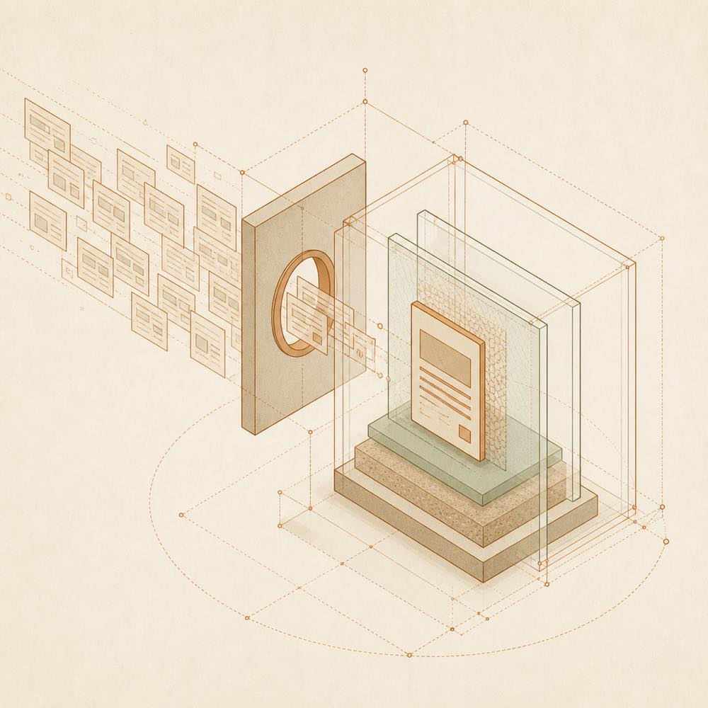 Abstract diagram of fragments flowing into a protected frame and forming an interactive card.