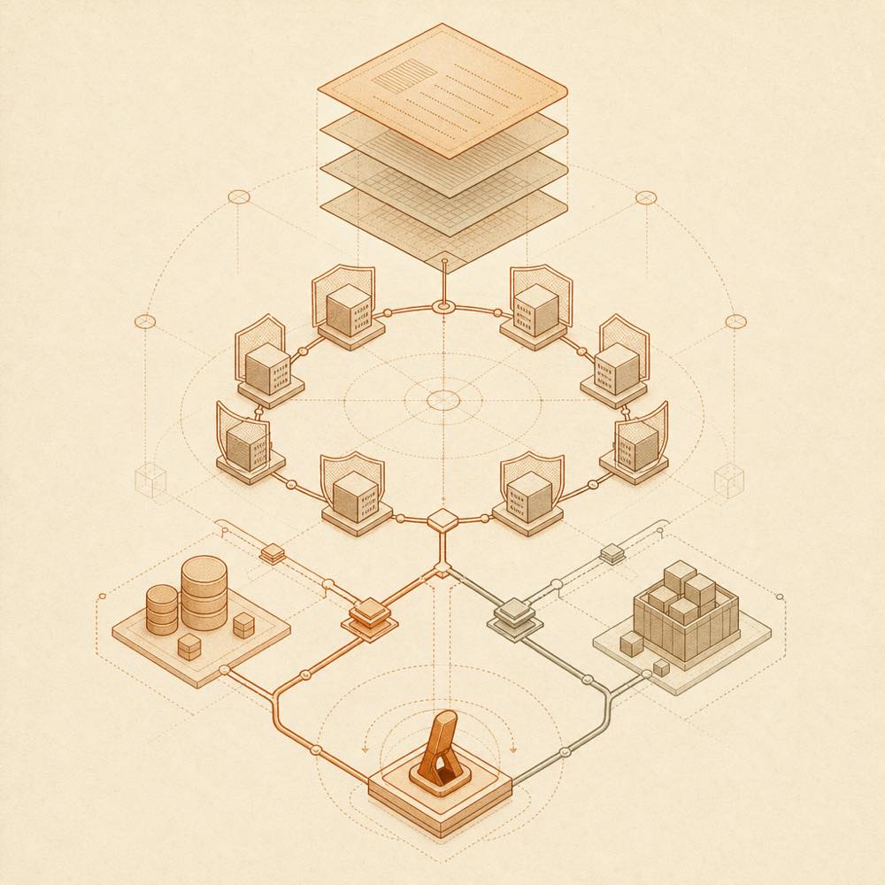 Layered configuration flows through guarded network paths into a hot-reload switch.