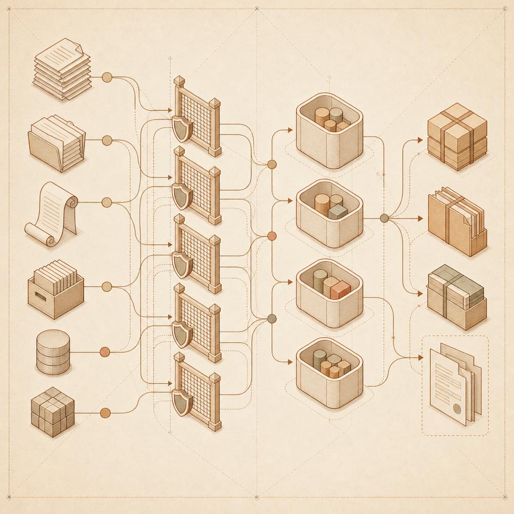 Document streams pass through guarded filters into grouped sessions and export bundles.