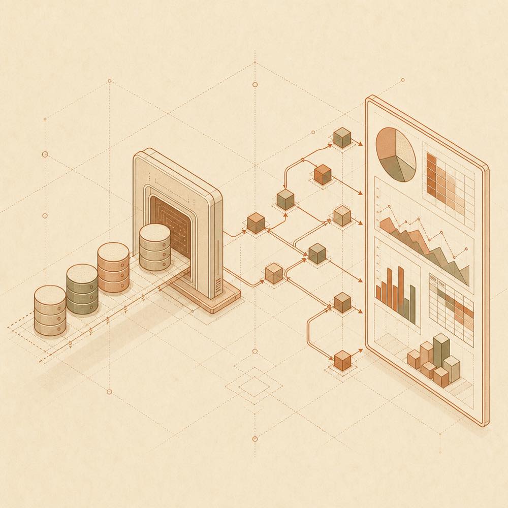 Database records flow through a terminal gateway into SQL paths and an analytical report.
