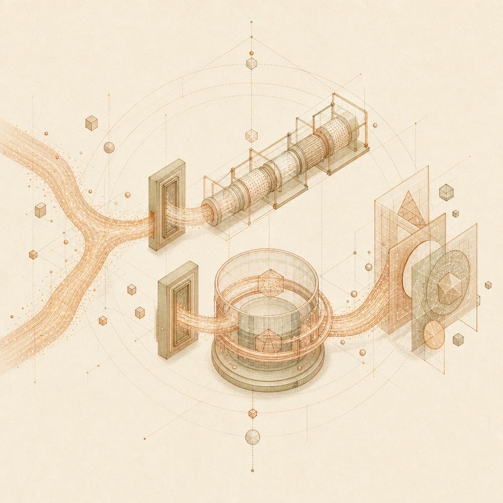 Data streams split between two rendering paths and converge into interactive panels.