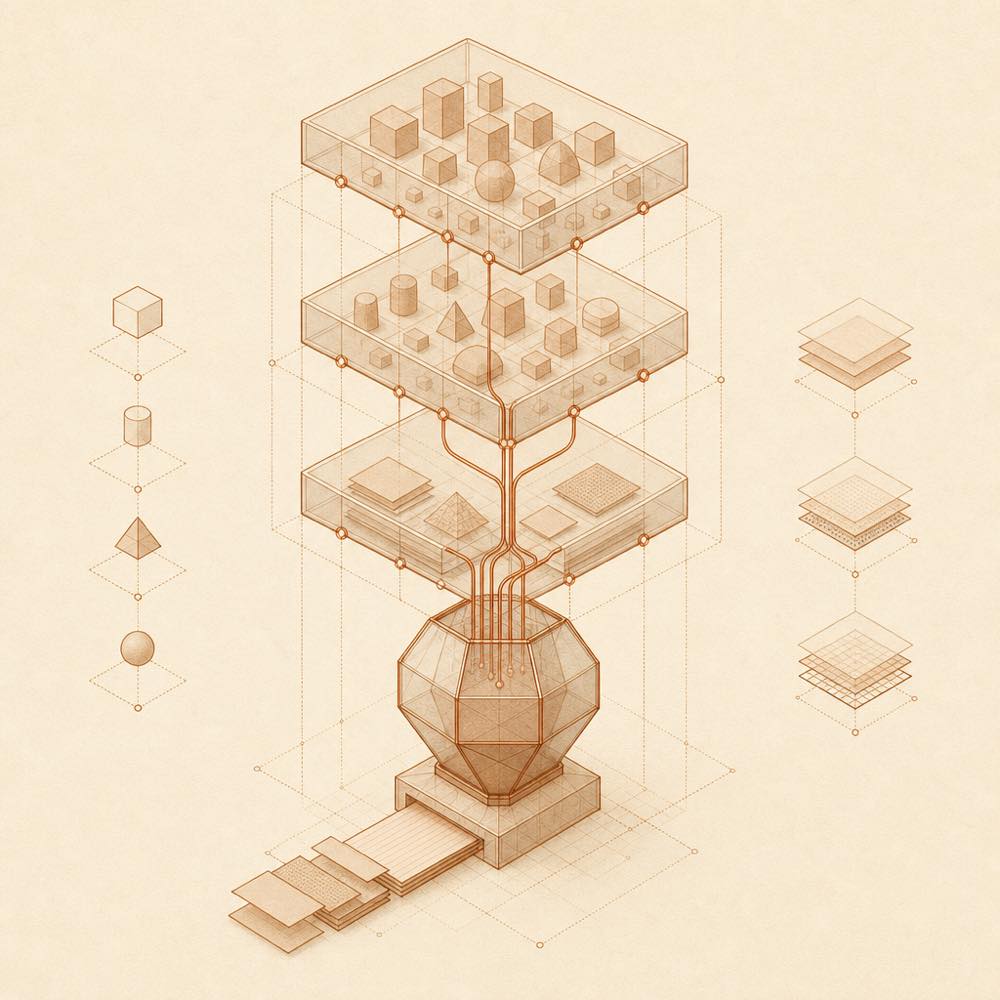 Three memory layers route compact context, documents, and linked facts into a shared reservoir.