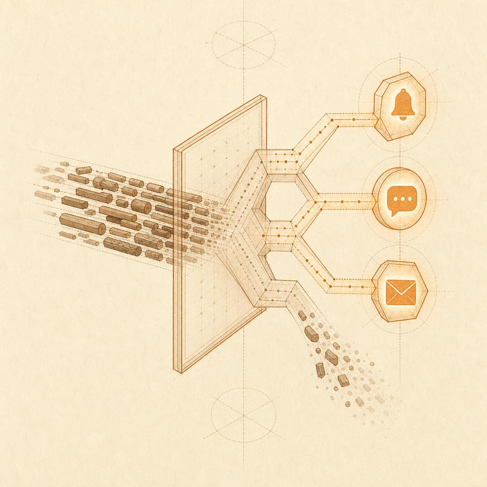 Layered log fragments pass through filters and converge into desktop notification shapes.
