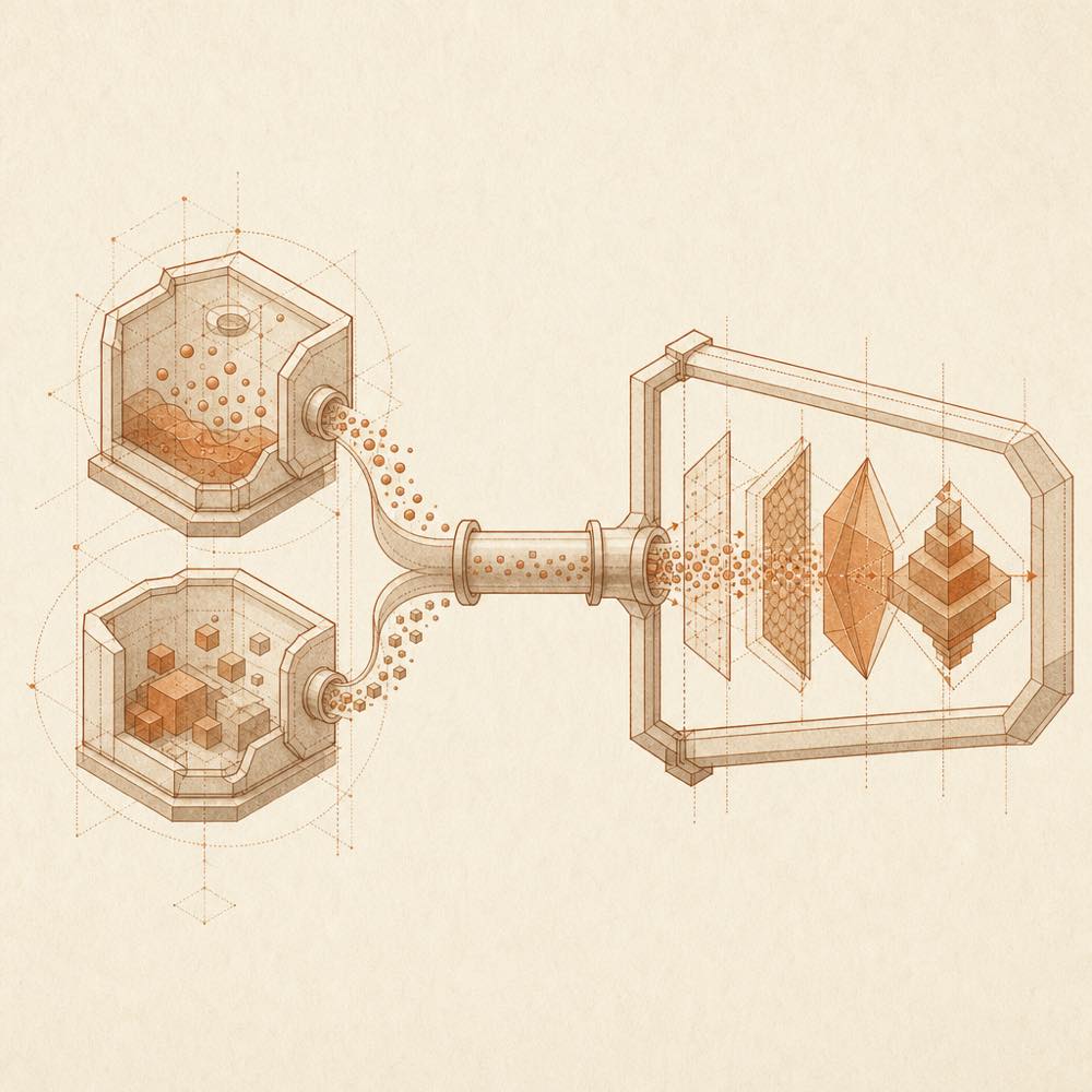Two process chambers exchange data through a conduit into a geometric terminal frame.