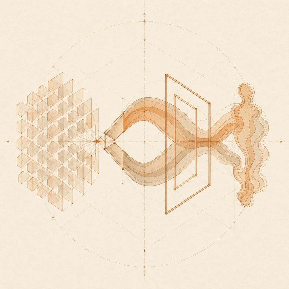 Translucent animation tiles flow through a selector and double-buffered frames into a wandering silhouette.