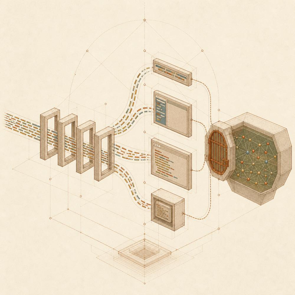 Abstract diagram of code flowing through multiple surfaces into shared state behind an approval gate.