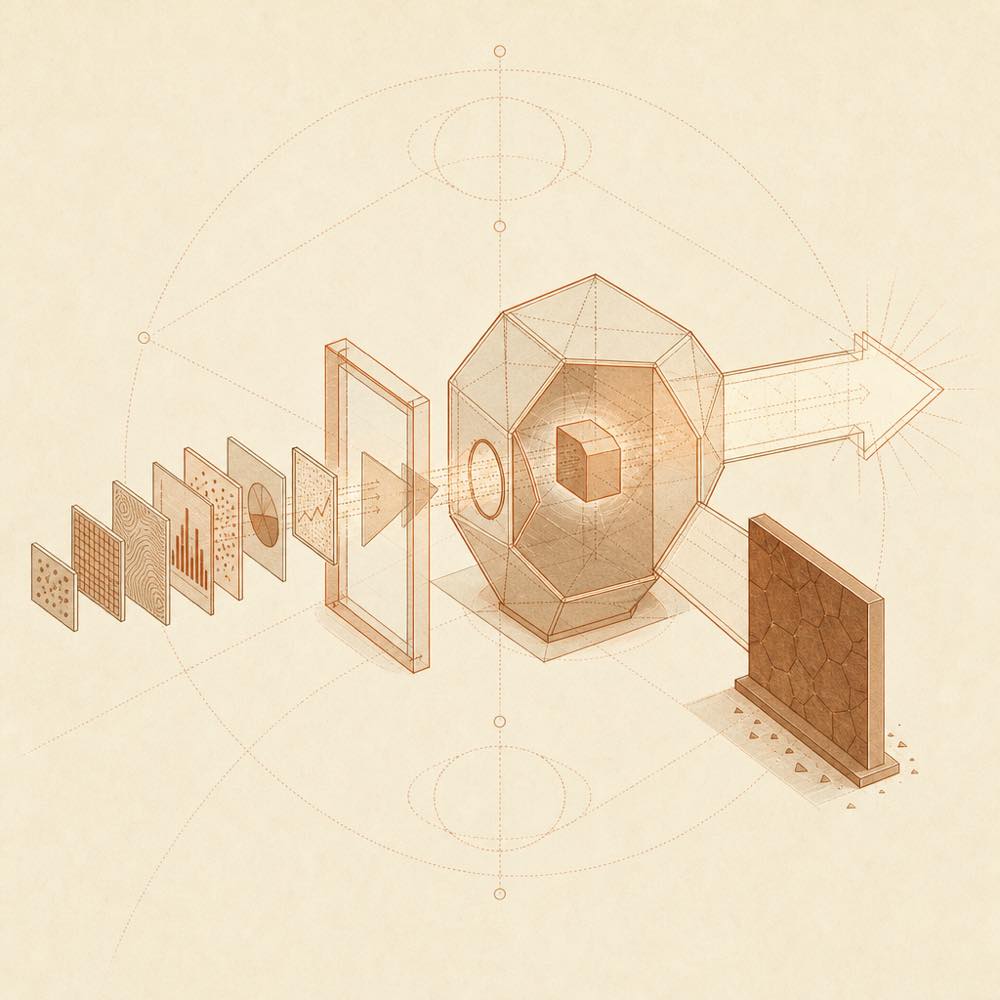 Abstract diagram of evidence flowing through a read-only review gate into an allow path or deny barrier.