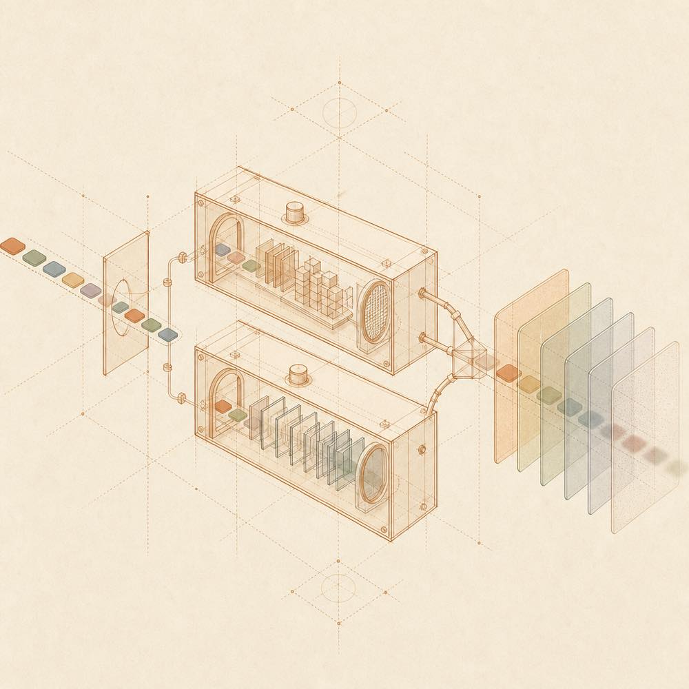 Abstract diagram of token streams splitting into host and browser paths before forming layered translucent panels.