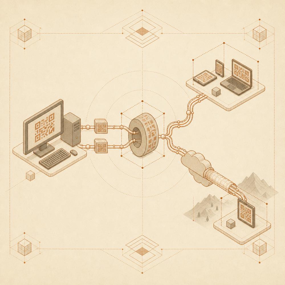 Abstract diagram of local and cloud-tunnel paths carrying synchronised streams from a desktop to a phone.