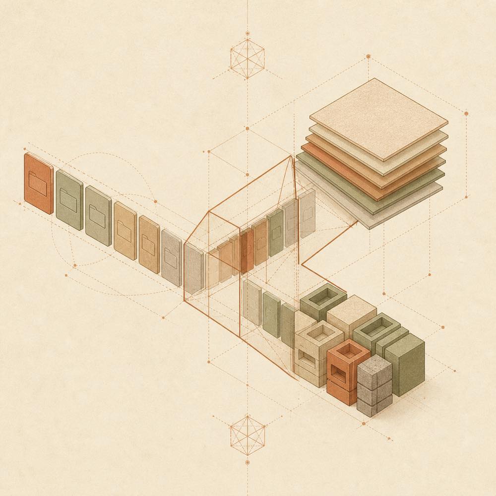 Repository tiles flow through a prism into branching design sheets and modular blocks.
