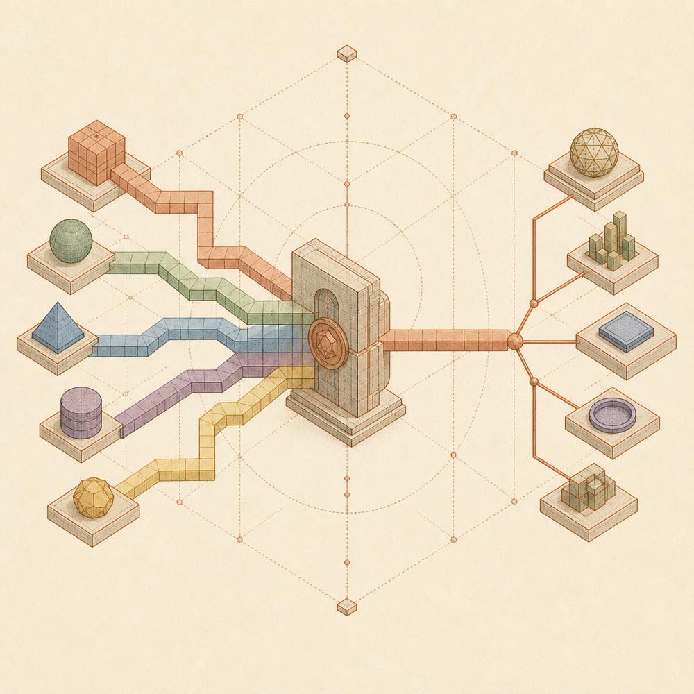 Abstract diagram of data channels converging through a credential-injecting relay to external endpoints.