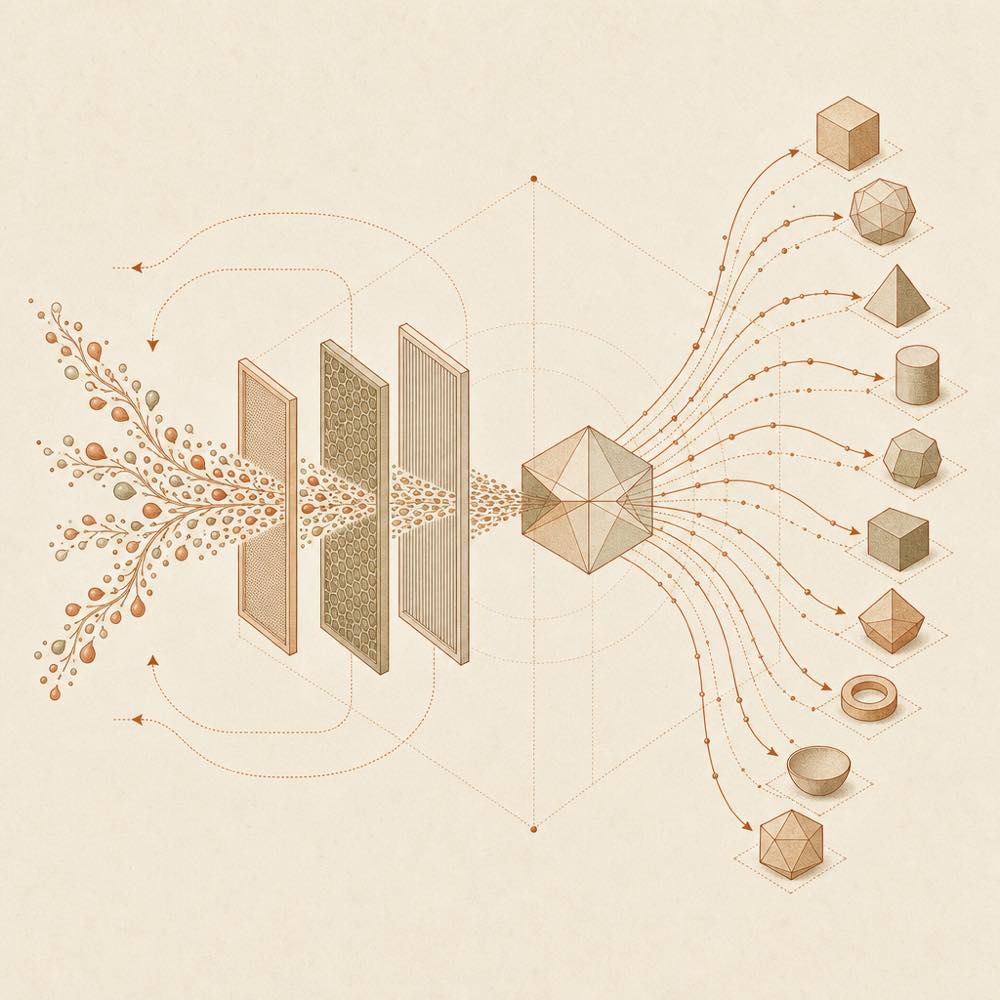 Abstract event streams pass through layered routing filters into many notification channels, with control signals returning upstream.