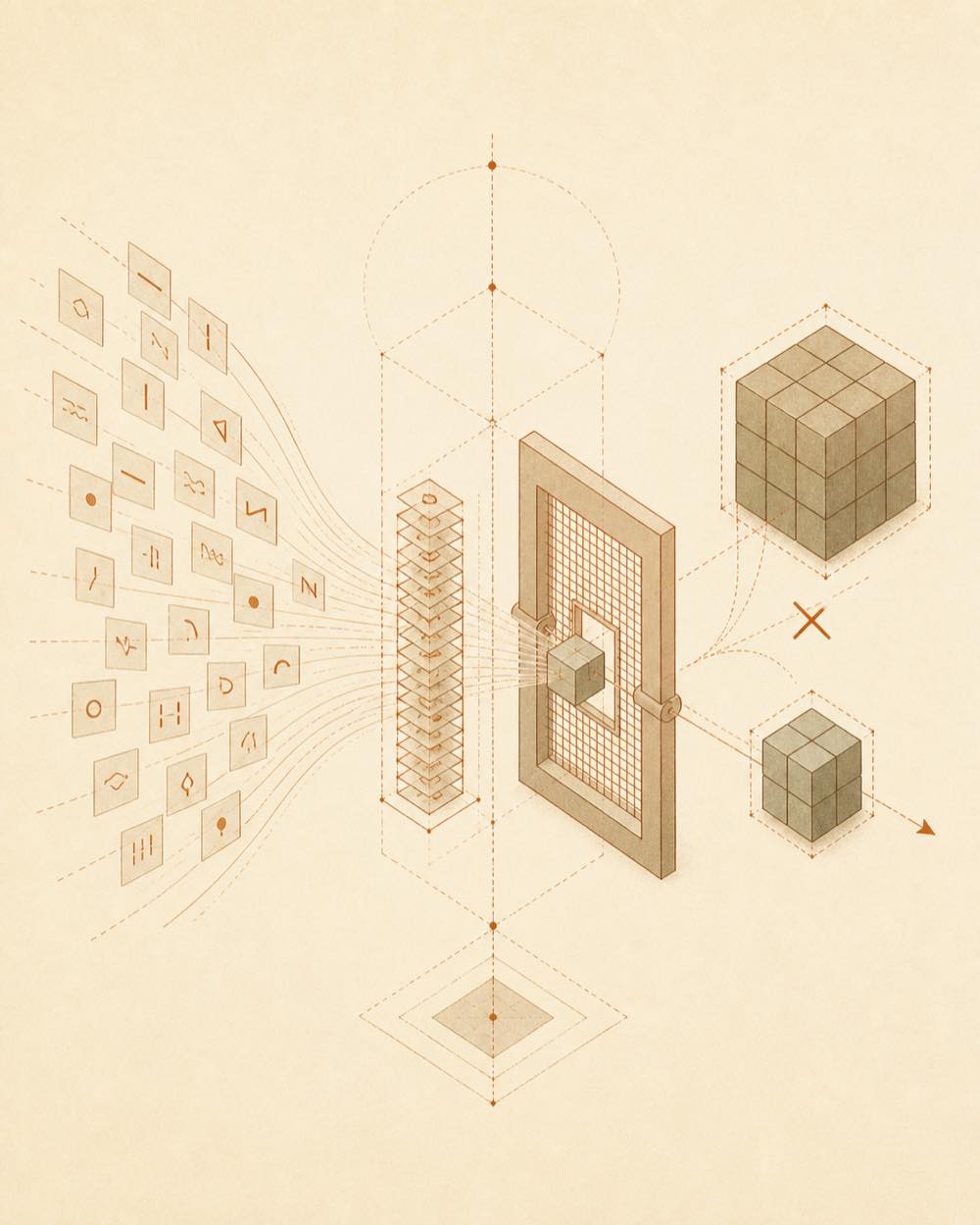 Small fact tiles pass through an index gate that blocks growth and allows compacted memory through.