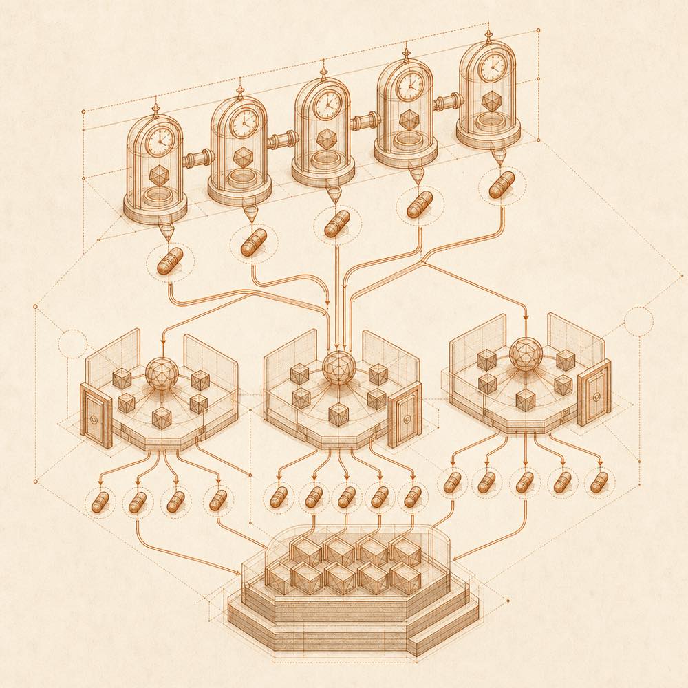 Clock-marked task capsules enter fresh isolated agents through permission gates and settle into archival blocks.