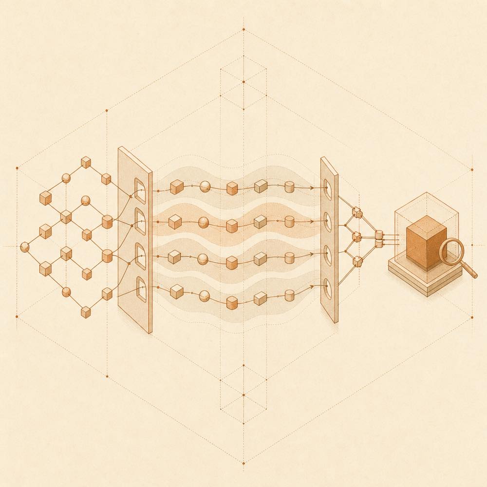 Branching task nodes pass through bounded gates and parallel waves before converging into one inspected form.