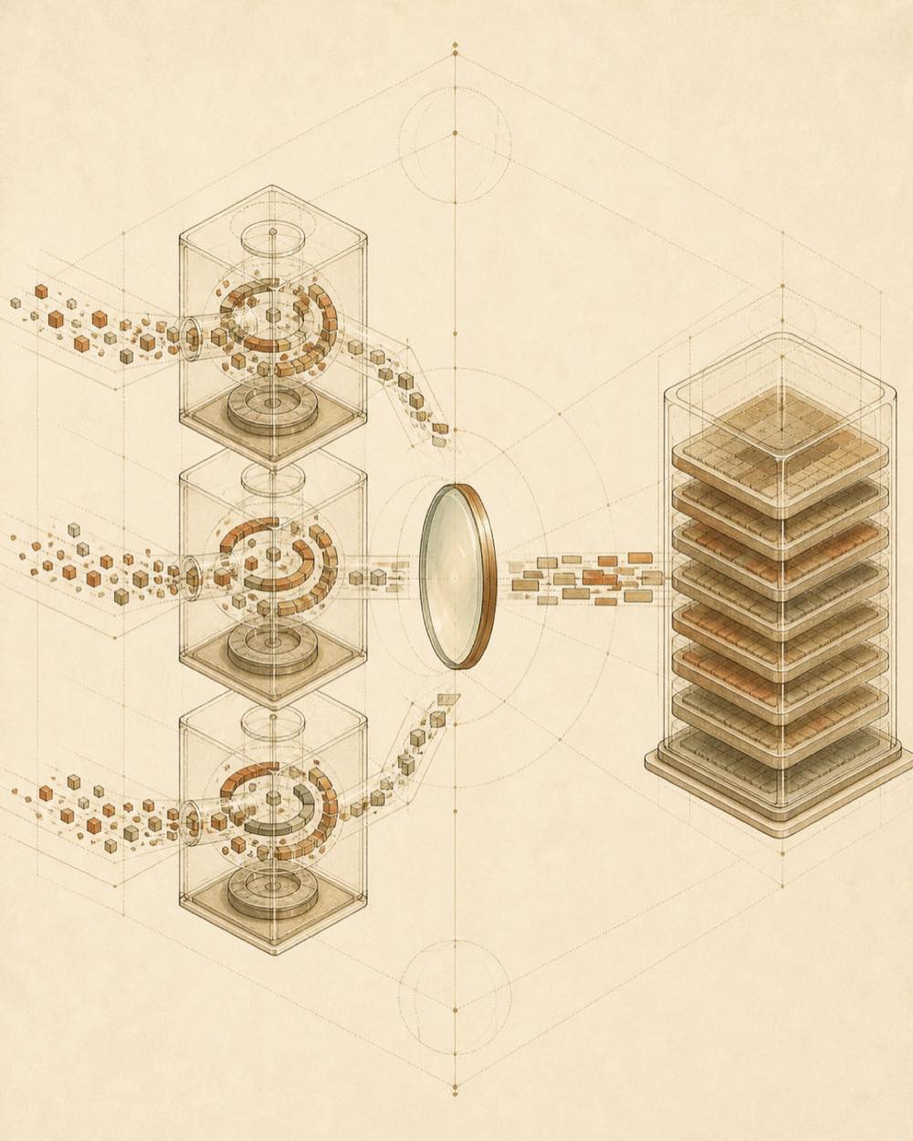 Memory fragments flow into separate repository chambers and through a retrieval lens toward a central node.