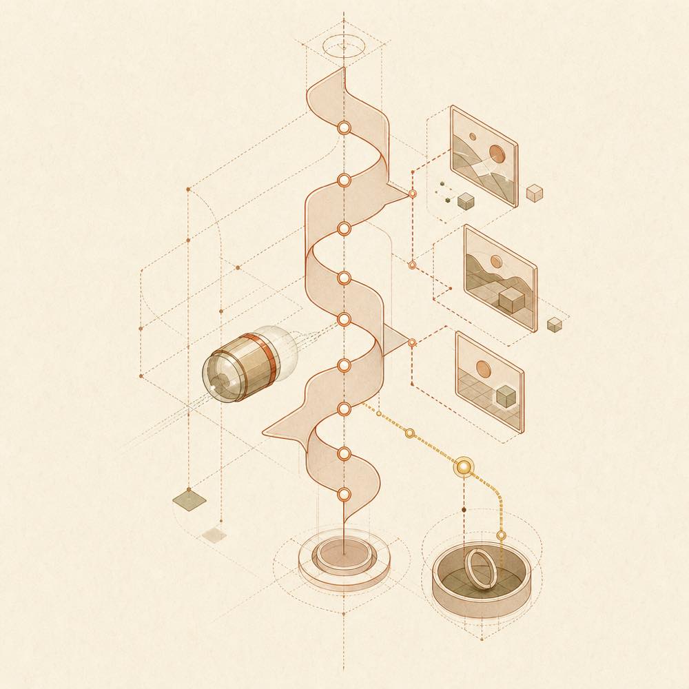 Abstract diagram of conversation nodes feeding a moving active marker and a pinned reply path.
