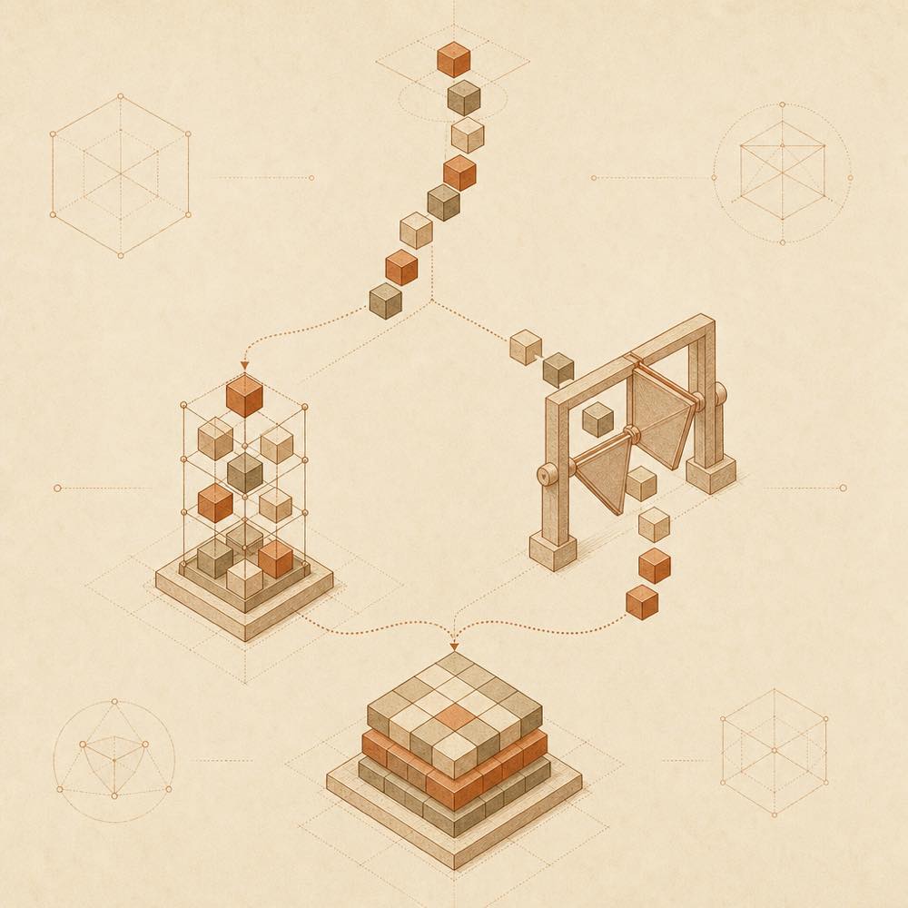 Abstract diagram of packages splitting into bundle and configuration paths before converging into one layered structure.